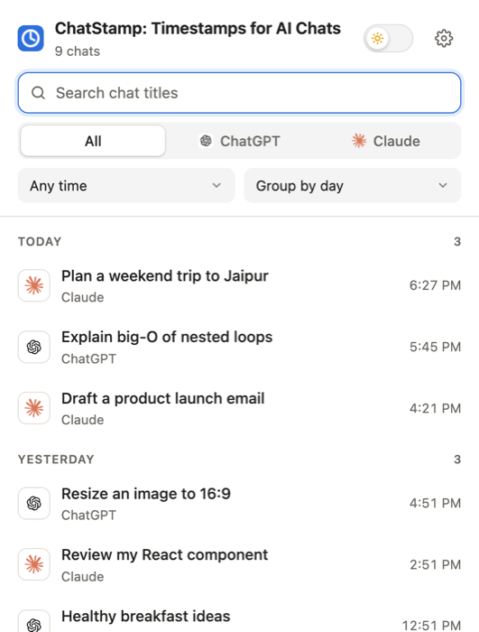 ChatStamp popup listing ChatGPT and Claude chats grouped by day, each with its time
